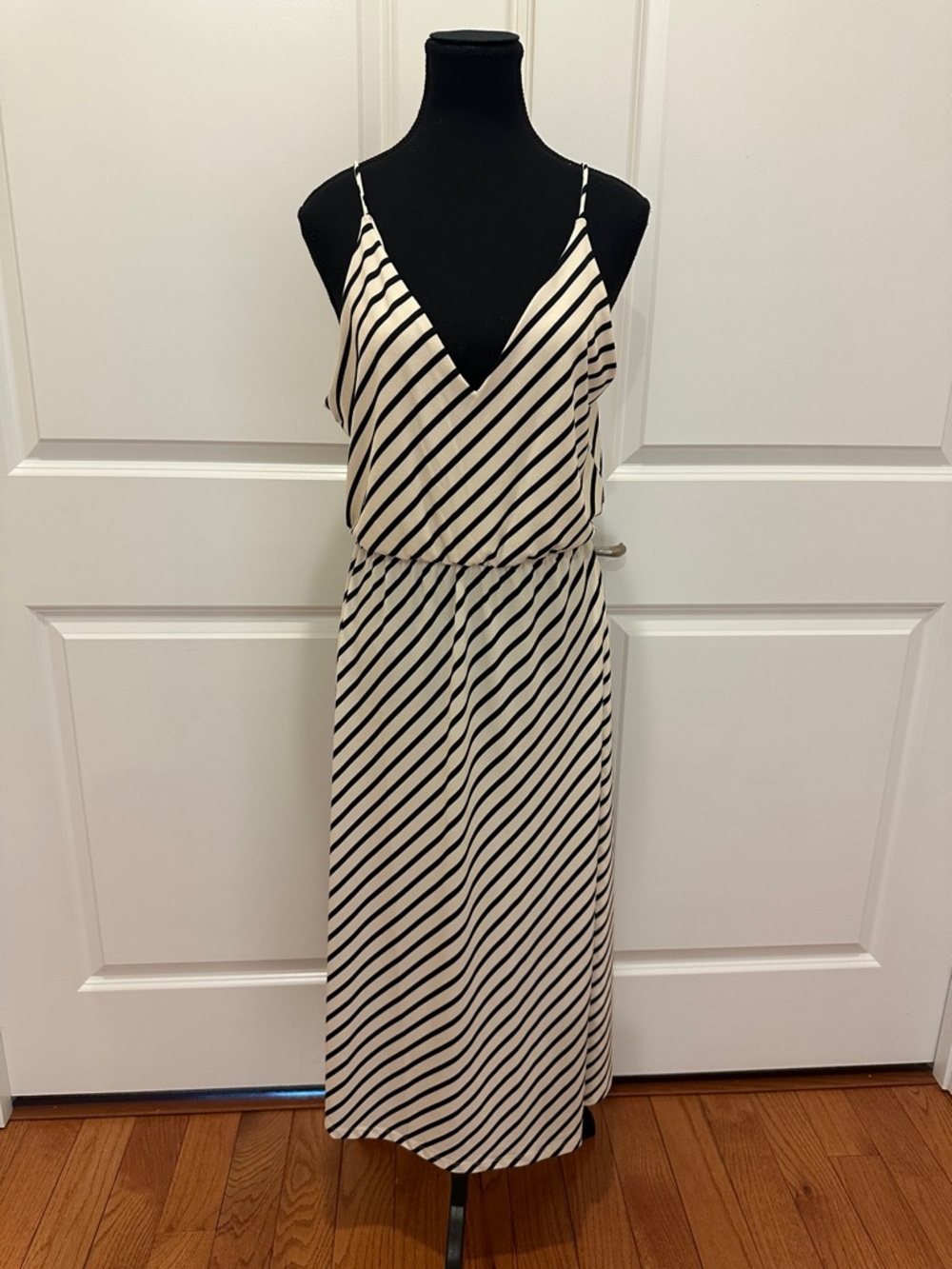 H&M Black & White Striped V-Neck Spaghetti Strap Maxi Dress